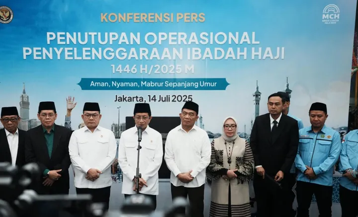 Menteri Agama (Menag) Nasaruddin Umar dalam konferensi per penutupan operasional penyelenggaraan ibadah haji 2025 di Jakarta pada Senin, 14 Juli 2025. /Kemenag
